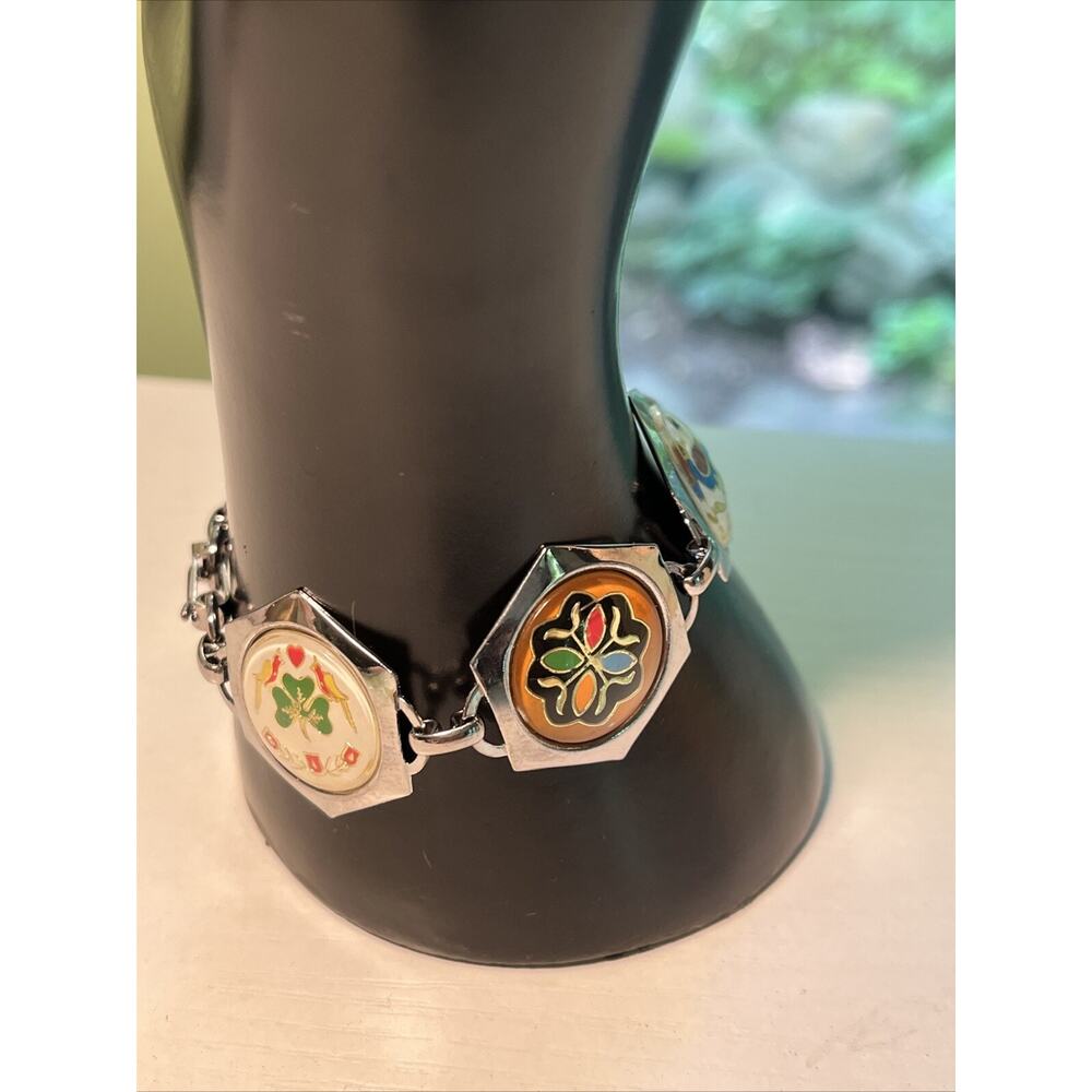 Vintage Hoffman Hex Signs Pennsylvania Dutch Enamel Link Bracelet Silver Tone